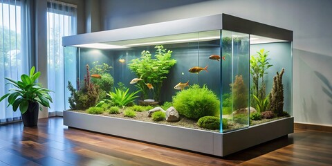 A clean, transparent aquarium stands idle, devoid of aquatic life, with a subtle layer of dust coating the