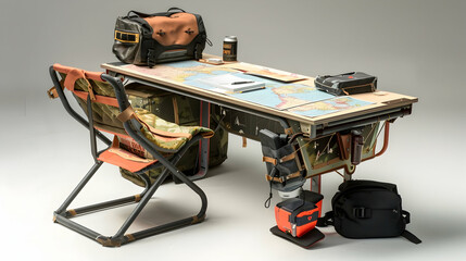 Poster - Outdoor Adventure Desk: A functional and durable workspace designed for outdoor enthusiasts, complete with a camping chair, map case, and gear strewn about, reflecting the active lifestyle of those wh