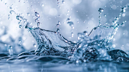 Poster - A high-speed capture of water droplets splashing on a surface, creating a dynamic and mesmerizing pattern, emphasizing the beauty of liquid movement and texture in a vibrant blue tone.?����??����ԭ��