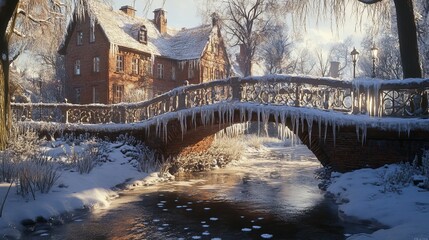 Poster - Snow-covered bridge over a small creek in a quiet neighborhood, with icicles hanging from the rails. 4K hyperrealistic photo.