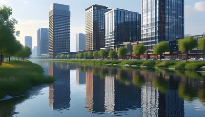 Stunning skyline with high-rise buildings under construction in a vibrant business district by the river