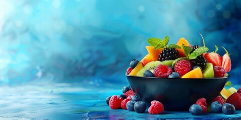 Fresh Fruit Salad in Black Bowl on Blue Background | Healthy Vegan Dessert, Summer Snack