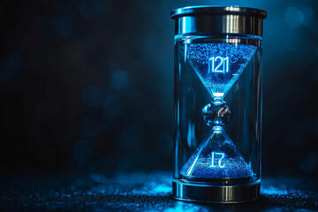 Modern hourglass with glowing blue digital display.