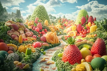 Aerial view of a whimsical landscape, featuring fantastical food sculptures, giant fruits melting into mountains, vibrant colors, surreal culinary creations, photorealistic style