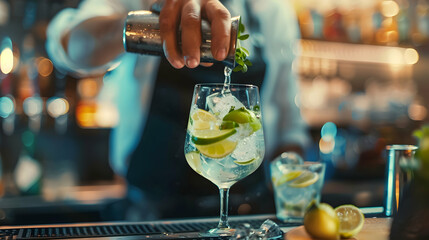 Professional bartender preparing fresh lime lemonade cocktail in drinking wine glass with ice at night bar clubbing counter. Occupation and people lifestyles concept. Outdoor background