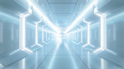 Poster - A sleek and modern corridor with bright white lighting, showcasing a futuristic design with reflective surfaces that create a clean and minimalistic space, ideal for sci-fi themed visuals.