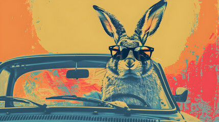 Rabbit with sunglasses driving a vintage retro car. AI generated image