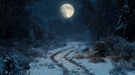 Canvas Print - Snow-covered path through a dark forest under a full moon, with the trees and snow glowing softly in the moonlight. 4K hyperrealistic photo.