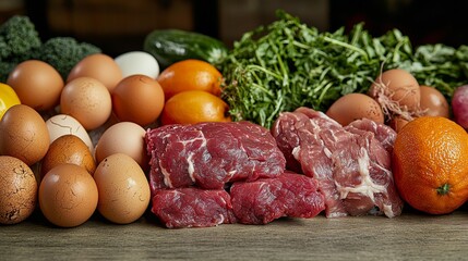 Fresh Ingredients. Eggs, Beef, Pork, and Vibrant Vegetables for Healthy Cooking and Meal Prep