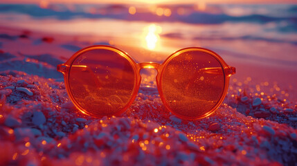 Sunglasses resting on sandy shore during sunset with gentle ocean waves in the background