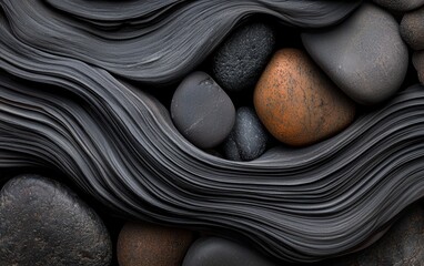 A textured blend of leaf veins, river stones, and volcanic ash, swirling together in an abstract, nature-inspired background