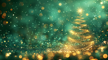 Poster - A magical Christmas scene featuring a sparkling golden Christmas tree against a green backdrop filled with bokeh lights, creating a festive and enchanting atmosphere for holiday celebrations.