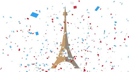 Sticker - Animation of confetti and eiffel tower on white background