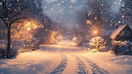 Poster - Snow-covered suburban street with bare trees, warm glowing streetlights, and footprints in the fresh snow. 4K hyperrealistic photo.