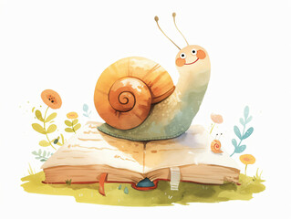 an enchanting illustration of a smiling snail sitting on an open book, surrounded by flowers and gre