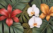 © JP STUDIO LAB - An exotic tropical jungle scene with towering palm leaves and colorful orchids, capturing the essence of springtime renewal