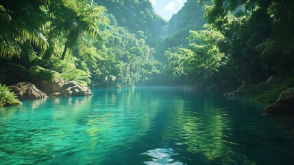 Poster - Serene tropical lagoon surrounded by dense jungle, with crystal-clear water reflecting the lush green scenery. 4K hyperrealistic photo.