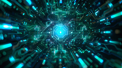Poster - A futuristic digital illustration depicting a vibrant network of circuits and glowing lights, converging towards a bright center, showcasing the intricacies of technology in a visually striking manner