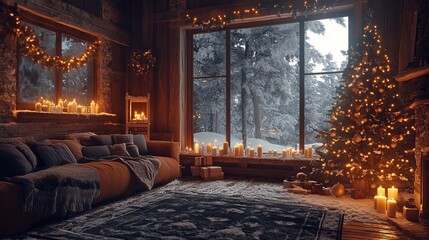 Poster - Rustic cabin decorated for Christmas with garlands, candles, a natural pine tree, and snow outside the window. 4K hyperrealistic photo.