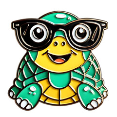 A fun enamel pin featuring a green turtle with a yellow belly, wearing oversized black sunglasses and flashing a cute smile. The playful design adds charm to any outfit, isolated on transparent PNG