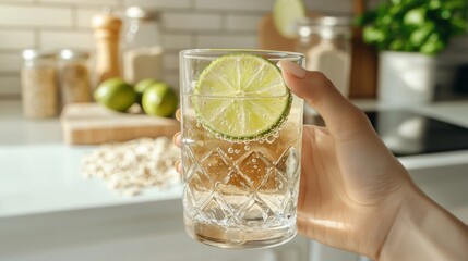 Hand Holding Refreshing Sparkling Water with Lime in Bright Kitchen