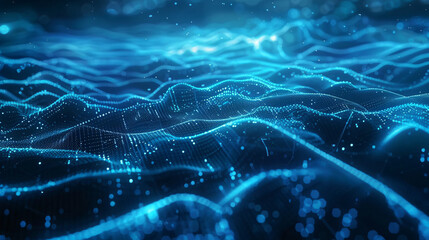 Poster - A mesmerizing digital background featuring flowing blue waves composed of glowing particles, creating a dynamic and futuristic atmosphere, ideal for tech-related themes and visual projects.
