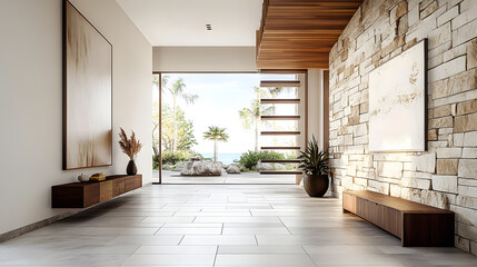 Wall Mural - Coastal interior design of modern entrance hall with stone tiles wall and wooden rustic elements. 