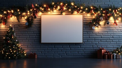 Sticker - Christmas mockup of a blank poster on a brick wall, with holiday decorations, pine garlands, and a warm festive glow. 4K hyperrealistic photo.