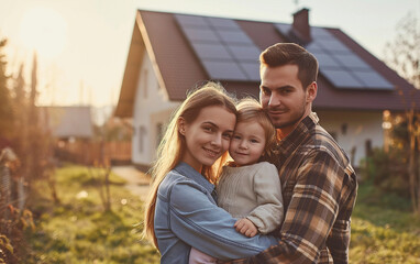 A family of three in front of their home with solar panels on the roof