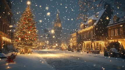 Canvas Print - Snowflakes falling gently on a quiet town square, with historic buildings and a decorated Christmas tree creating a festive winter scene. 4K hyperrealistic photo.