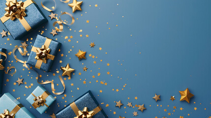 Poster - A festive arrangement of beautifully wrapped gifts in various blue tones, adorned with golden ribbons and stars, set against a light blue background, perfect for celebration themes.