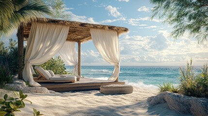 Sticker - Luxurious beachside cabana with soft drapes blowing in the breeze, offering a perfect spot for relaxation under the sun. 4K hyperrealistic photo.