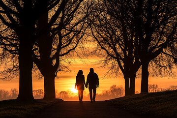 Wall Mural - A couple walking hand in hand during sunset, surrounded by silhouetted trees.