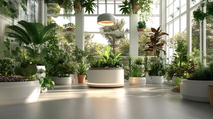 Eco-friendly smart garden with indoor plants in a modern sunlit greenhouse space.
