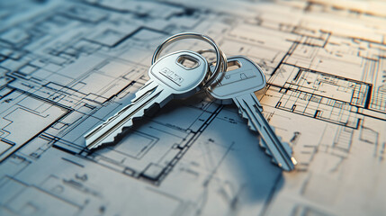 Poster - Shiny keys on construction plan symbolize new home journey. Blueprint shows dream home design, promising successful future in real estate