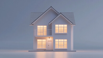 Poster - Illuminated modern home in front of a blue background, symbolizing the real estate industry
