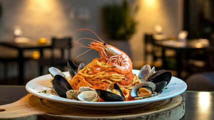 A gourmet seafood spaghetti bolognese topped with shrimp and mussels, served on an elegant plate in a cozy restaurant setting in the background. 