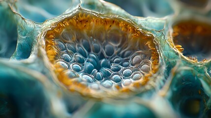 Sticker - Close-up of a blue and yellow honeycomb structure with a blurred background.