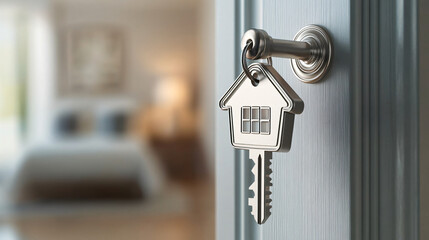 Poster - Blurry bedroom seen through a silver metal house shaped key hanging on door