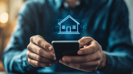 Poster - Businessman searching for property on smartphone with glowing digital house icon above