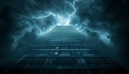 Poster - A Single Window Illuminates a Skyscraper Under a Thunderous Sky