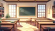 © BozStock - A cartoon classroom with wooden desks, a chalkboard, and sunlight streaming in the windows.