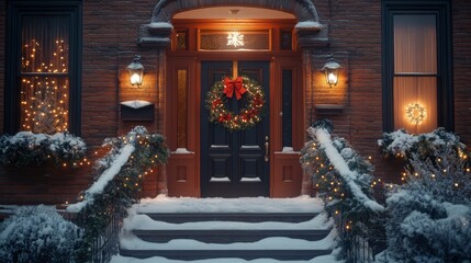 Poster - Hanging a festive wreath on the front door, with snow-covered steps and holiday lights creating a welcoming atmosphere. 4K hyperrealistic photo.