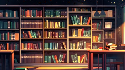 Wall Mural - A bookshelf filled with colorful books in a dimly lit room.