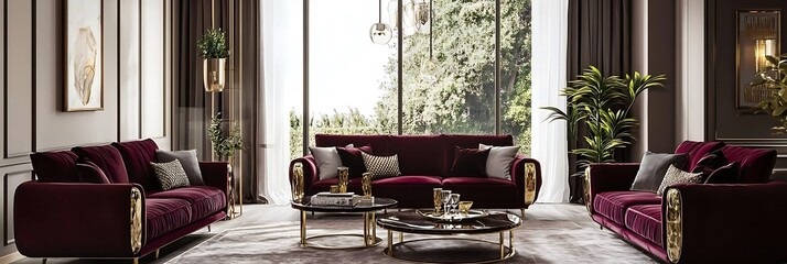 Wall Mural - Refined living space with velvet burgundy seating and gilded details in a sunlit room.