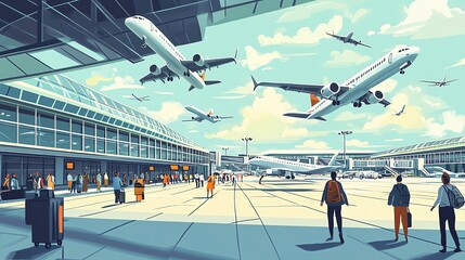 A vibrant illustration of an airport filled with passengers and flying airplanes under a bright sky, showcasing travel and adventure.