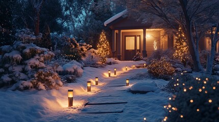 Wall Mural - Holiday light display with bulbs transitioning from warm amber to cool blue, illuminating a snowy front yard. 4K hyperrealistic photo.