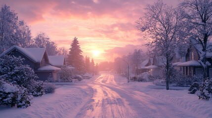 Canvas Print - Frosty morning walk through a quiet neighborhood with snow-dusted rooftops and a soft pink sunrise. 4K hyperrealistic photo.