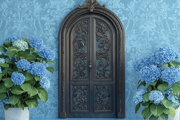 Wall Mural - Vintage themed room with ornamental bronze door and azure hydrangeas against blue wallpaper.