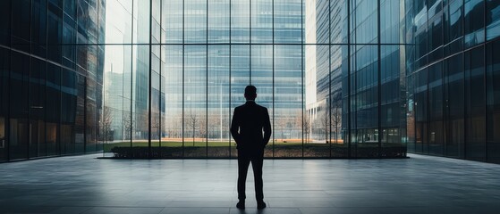 Real estate agent standing in front of empty office buildings, commercial real estate collapse, business closures